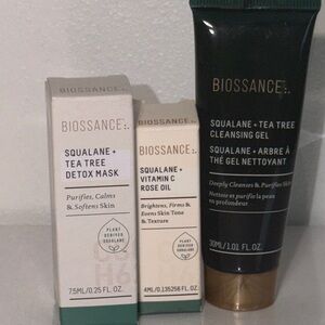 Biossance Skincare Trio - tea tree mask and cleanser and squalane.